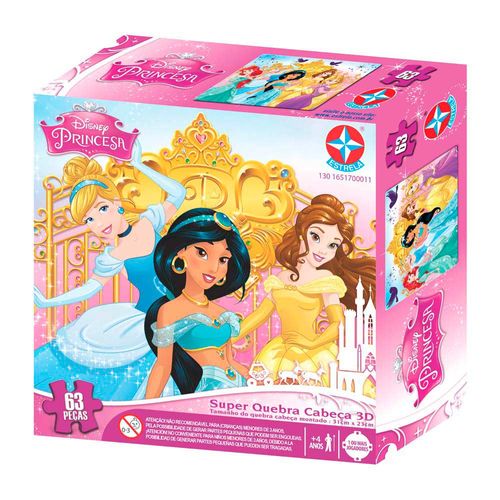 Super Quebra-Cabeça 3D Princesas Disney 63 peças Embalagem Estrela