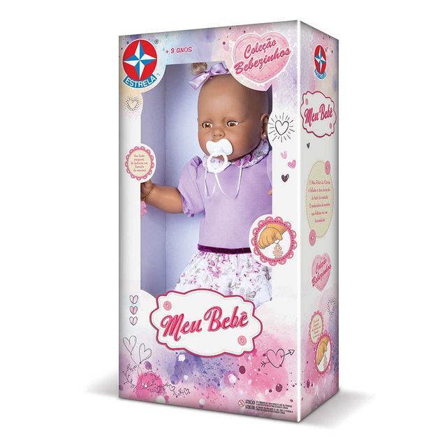 Boneca Meu Bebê Negro vestido lilás 60 cm Embalagem Estrela